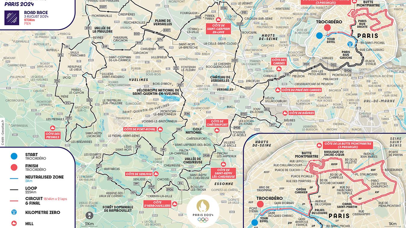 The men's road race route for the Paris 2024 Olympic Games