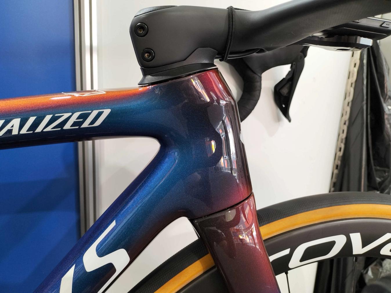 The Specialized Tarmac SL8 has a more bulbous head tube