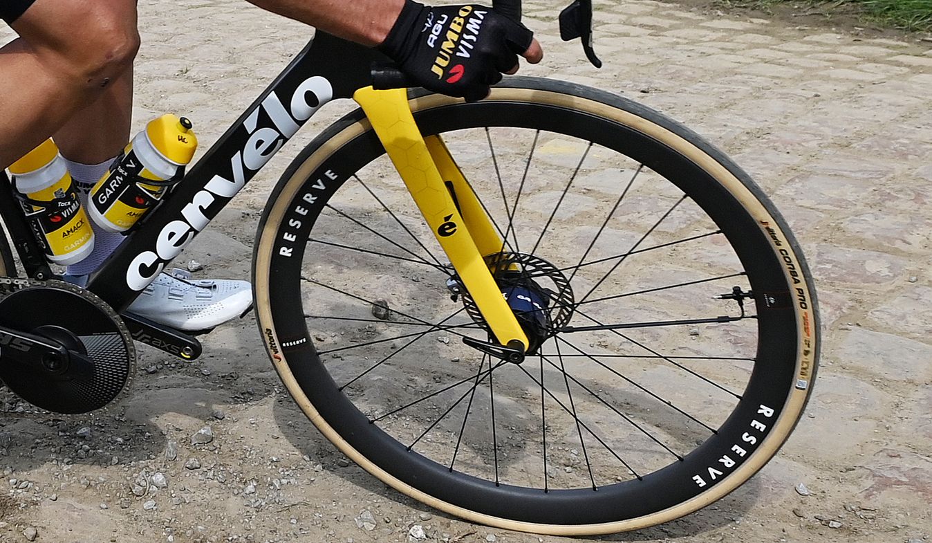 Edoardo Affini with a front tyre pressure adjustment system at Paris-Roubaix
