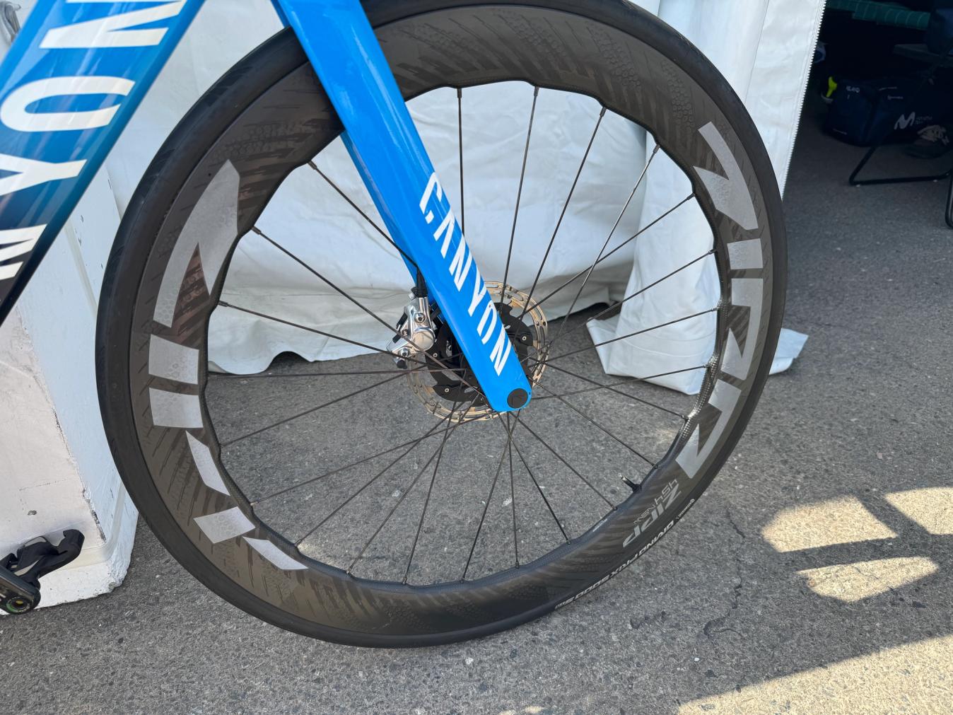 With potential cross winds in the open terrain of the UAE Tour Gaviria is using the mid-depth Zipp 454 NSW over the 858 NSW