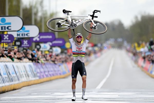 Mathieu van der Poel celebrates his third victory at the Tour of Flanders