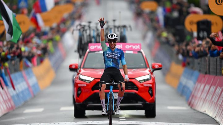 Andrea Vendrame celebrates victory on stage 19 of the Giro d'Italia