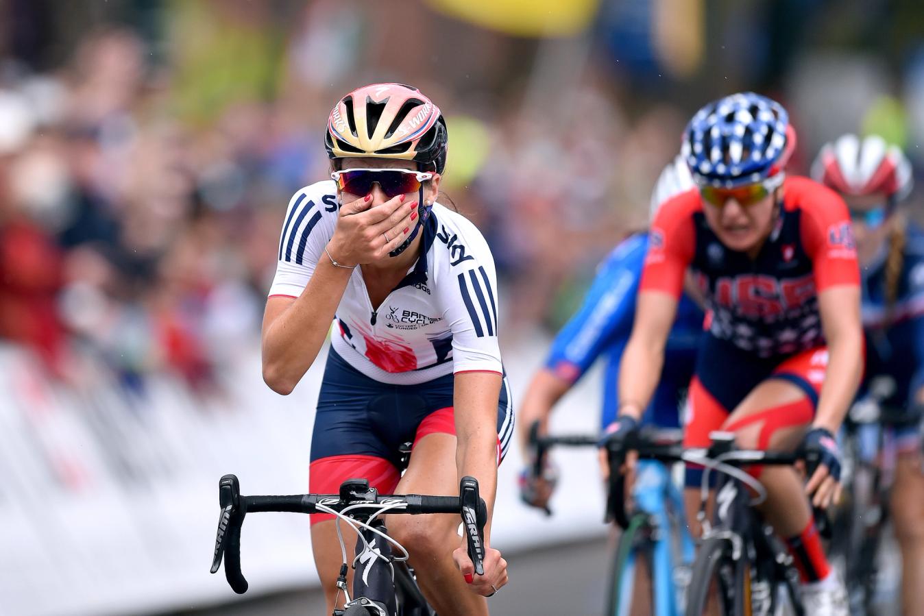 Lizzie Deignan - then Armitstead - covers her mouth with her hand in disbelief after winning the 2015 World Championship road race