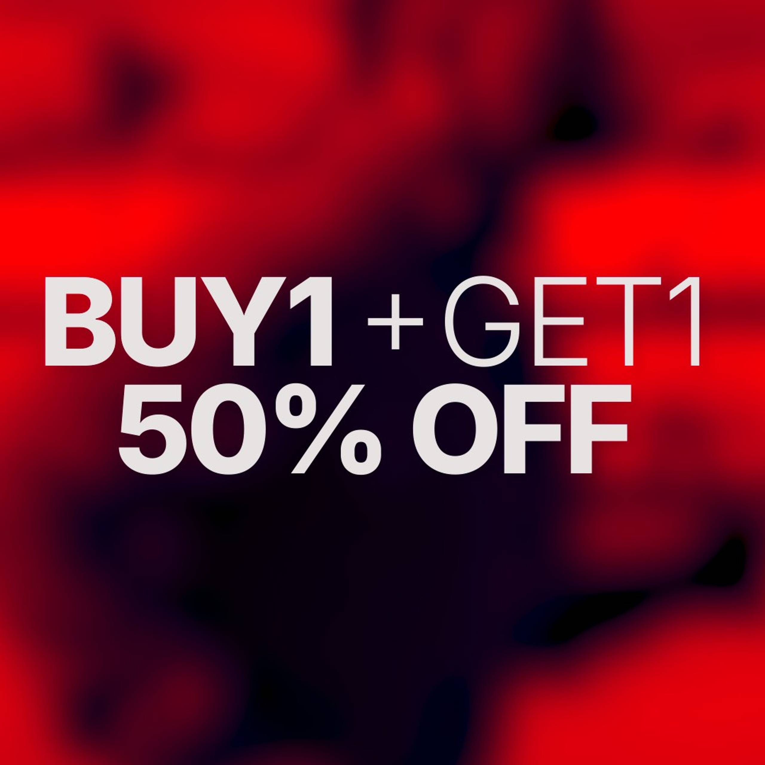 Baner promocyjny BUY1 + GET1 50% OFF na czerwonym tle