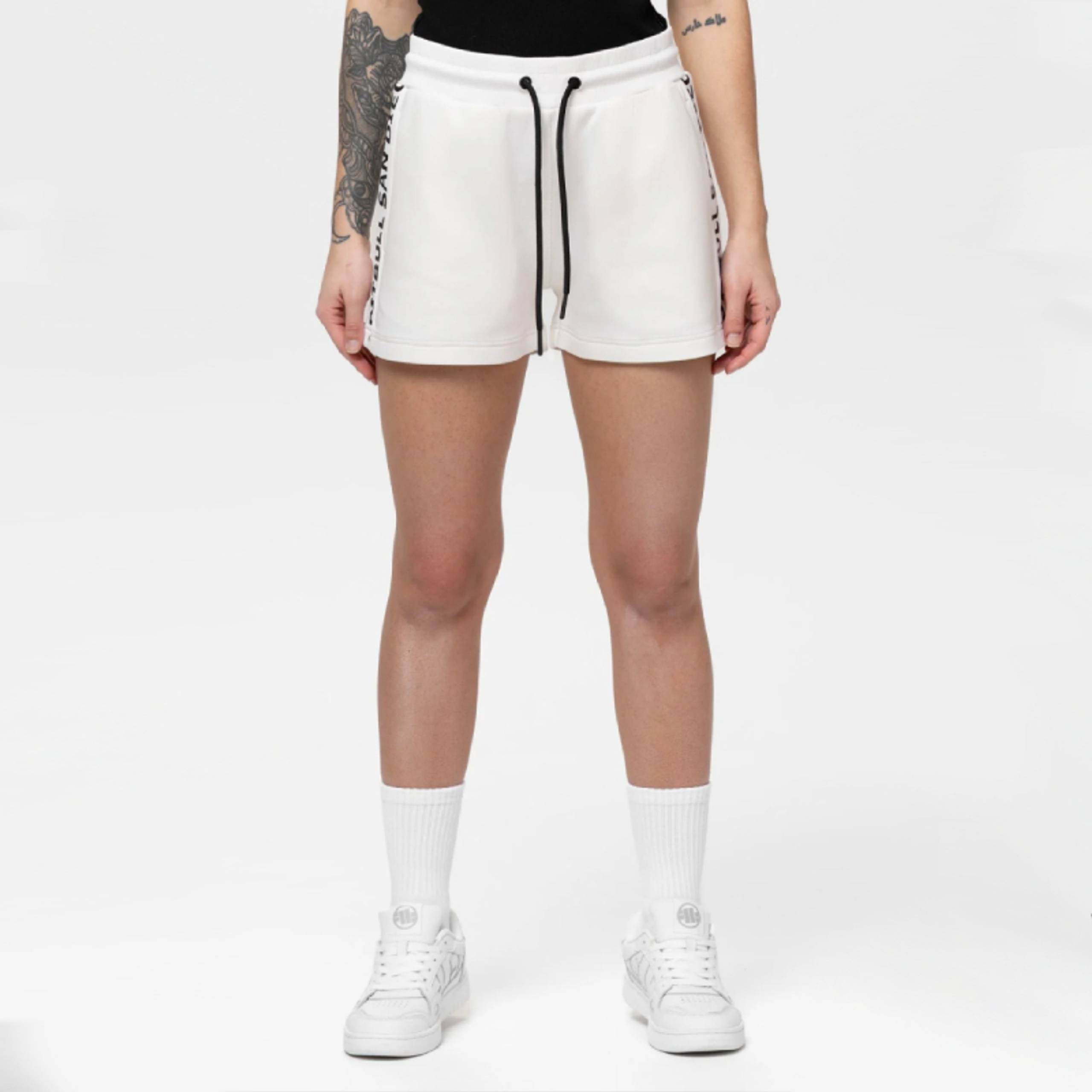 White athletic shorts with black drawstring and side tape