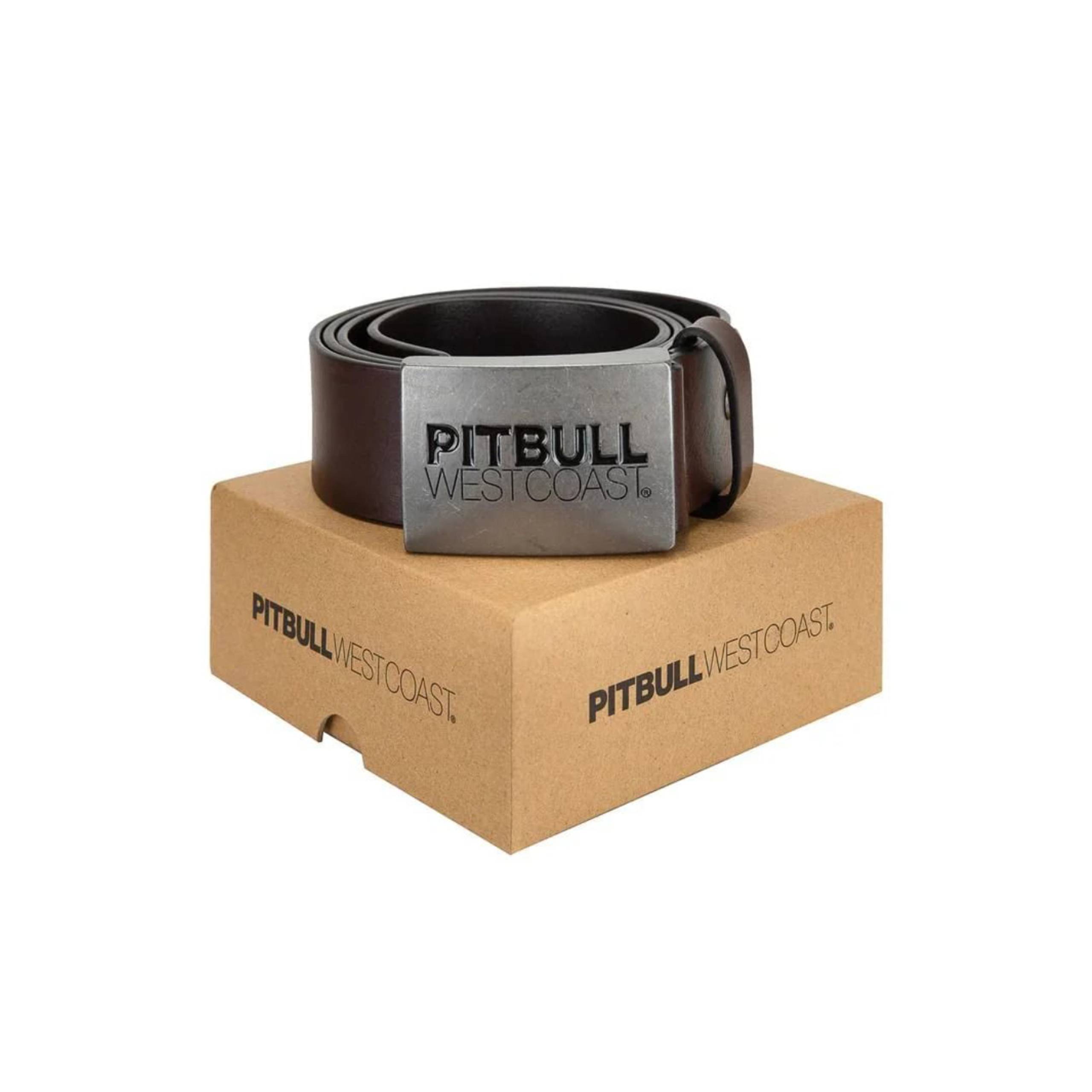 Brown leather belt with Pitbull buckle on cardboard box