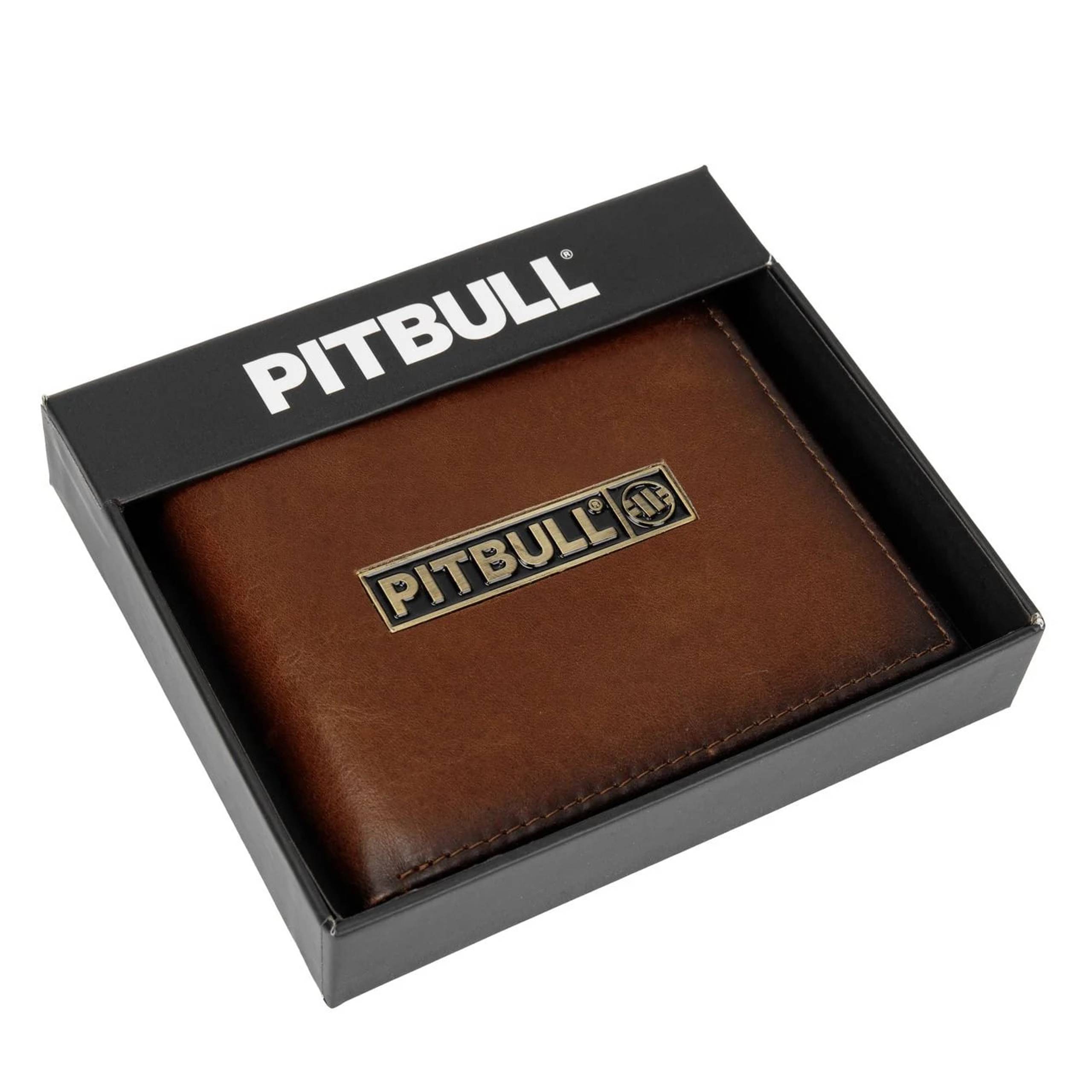 Brown leather wallet with Pitbull plaque in black box