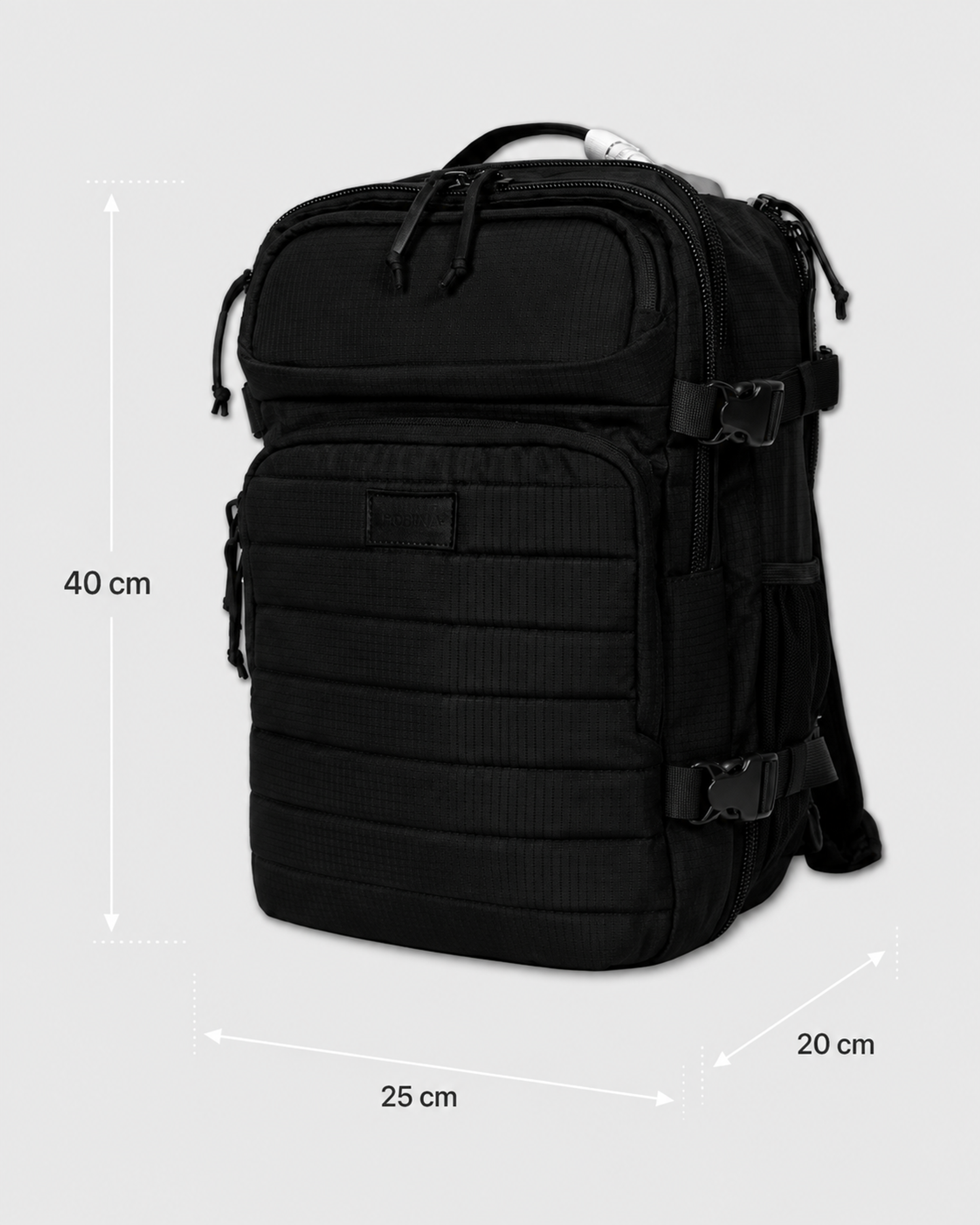 Black tactical backpack with MOLLE webbing and size markings