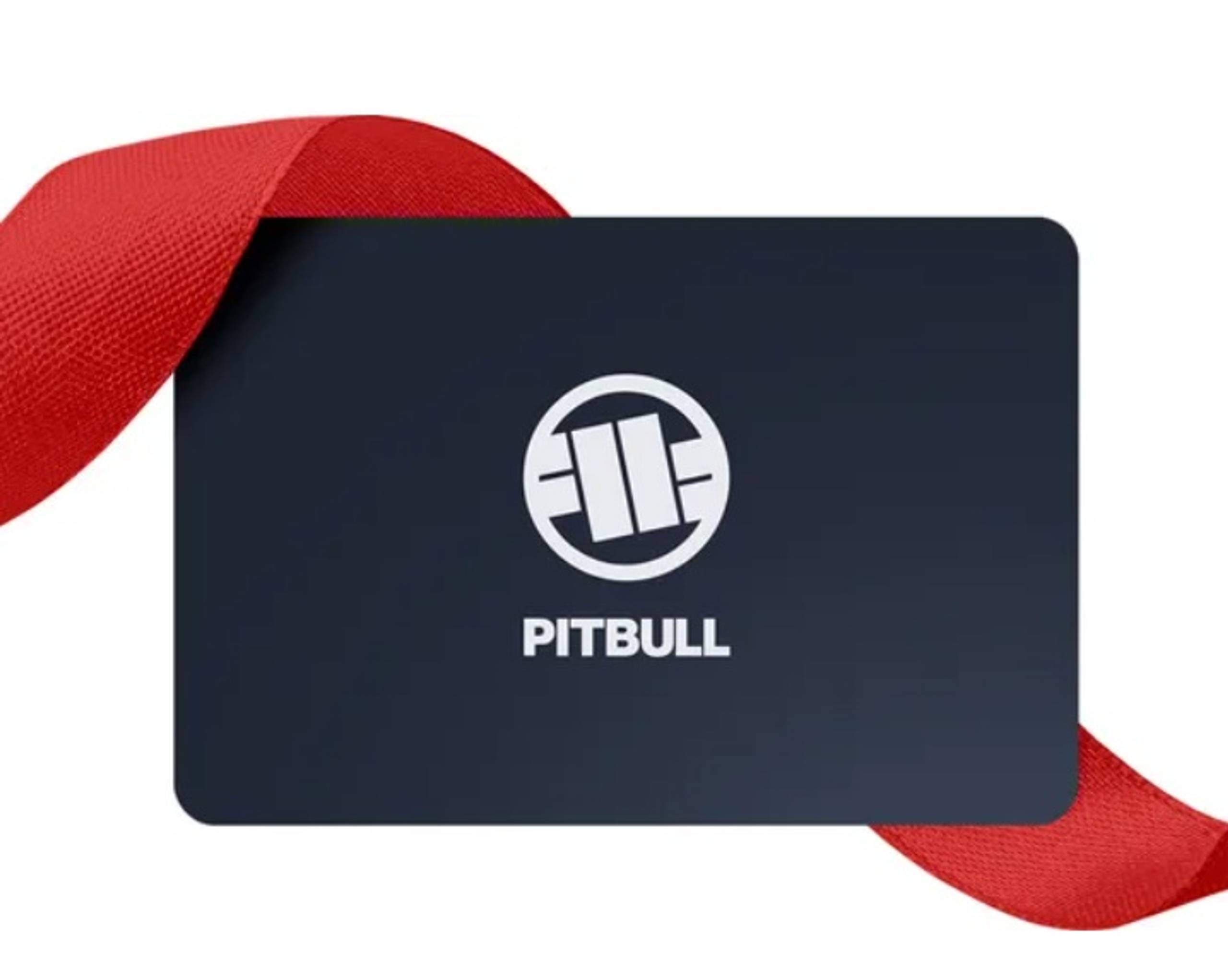 Granatowa karta podarunkowa Pitbull z czerwoną wstążką