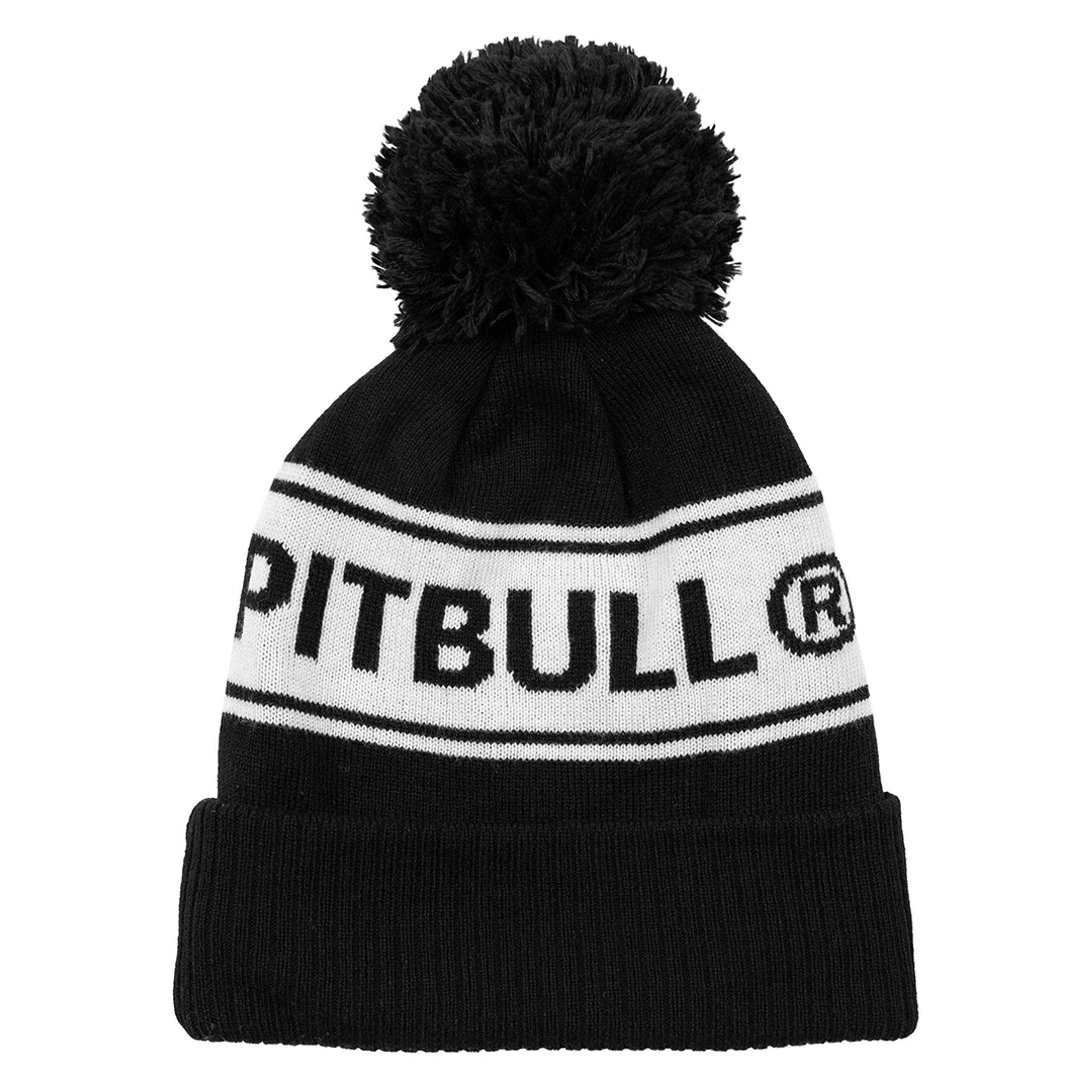 Black knit beanie with white PITBULL band and pom-pom