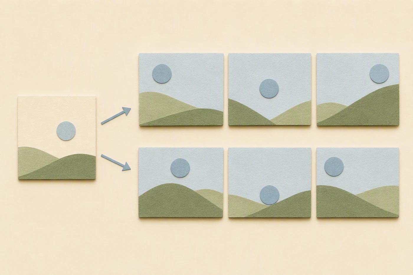 One source-footage card connects to two separately arranged short video sequences.