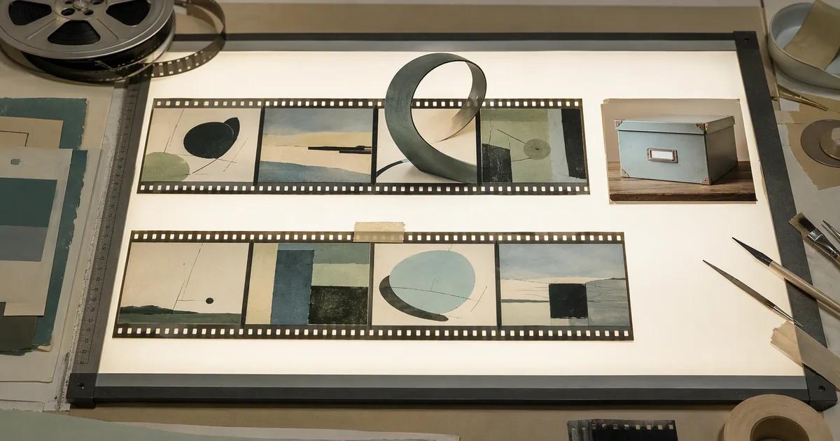 Product film frames, a loose film loop, and a reference photo on an editing light table.
