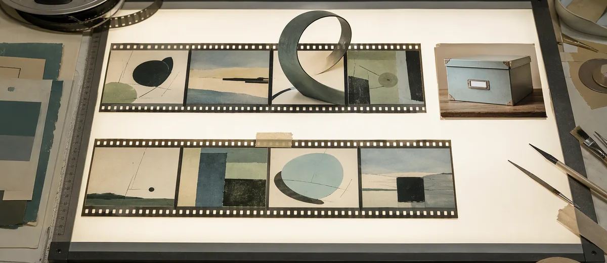 Product film frames, a loose film loop, and a reference photo on an editing light table.