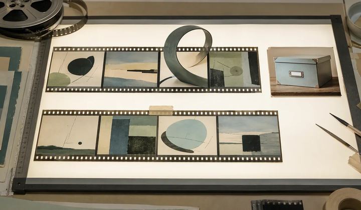 Product film frames, a loose film loop, and a reference photo on an editing light table.