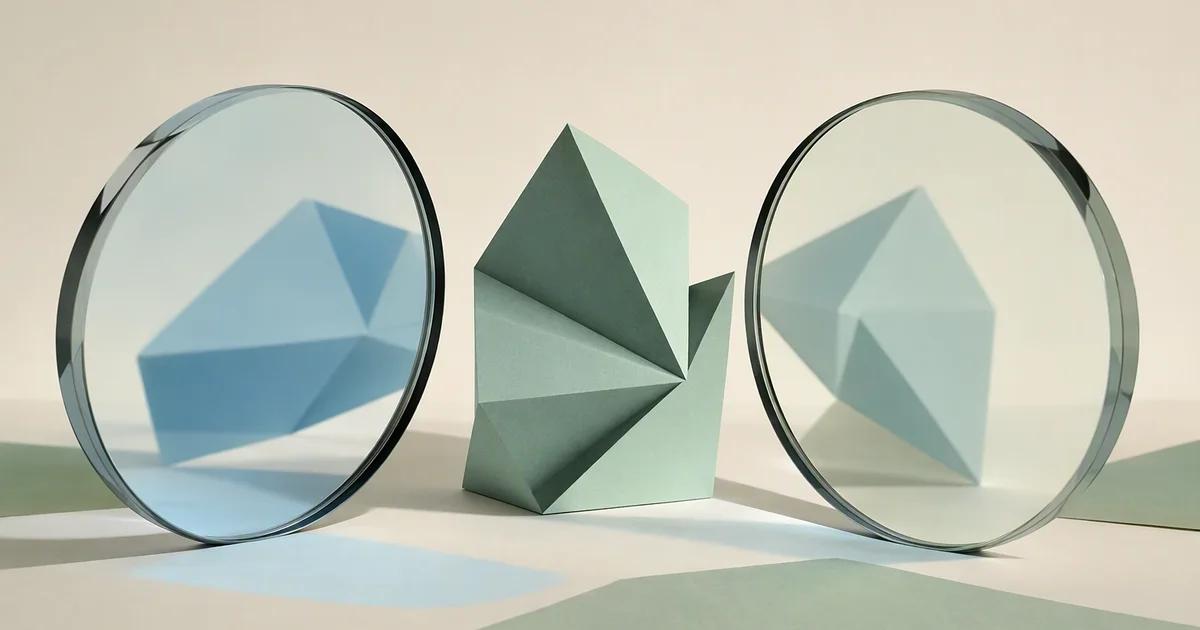 A mint angular sculpture viewed through two clear lenses from opposing sides, revealing different pale blue shadows on an ivory background