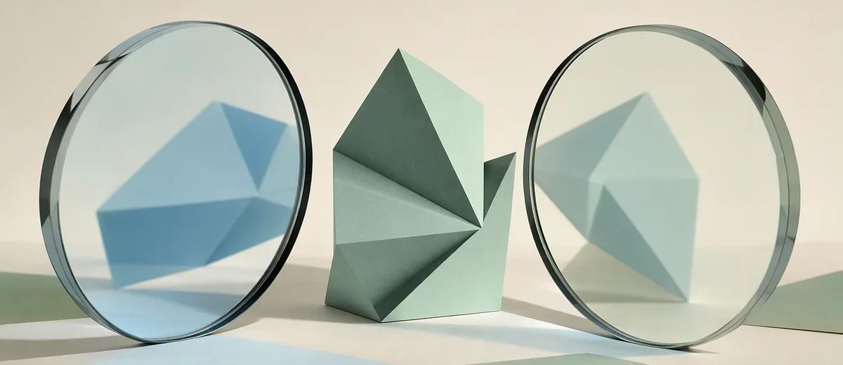 A mint angular sculpture viewed through two clear lenses from opposing sides, revealing different pale blue shadows on an ivory background