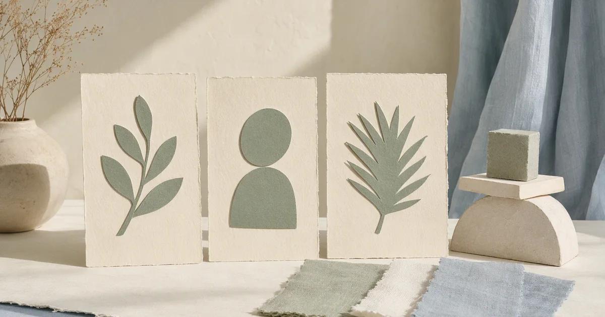 Three cream cards with sage plant and person motifs beside a small display stand and fabric swatches.