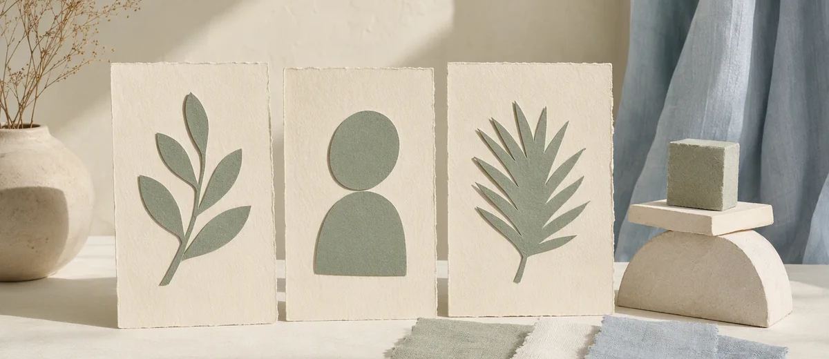Three cream cards with sage plant and person motifs beside a small display stand and fabric swatches.