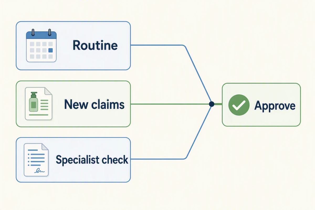 A three-lane review diagram showing routine content, new claims, and specialist checks