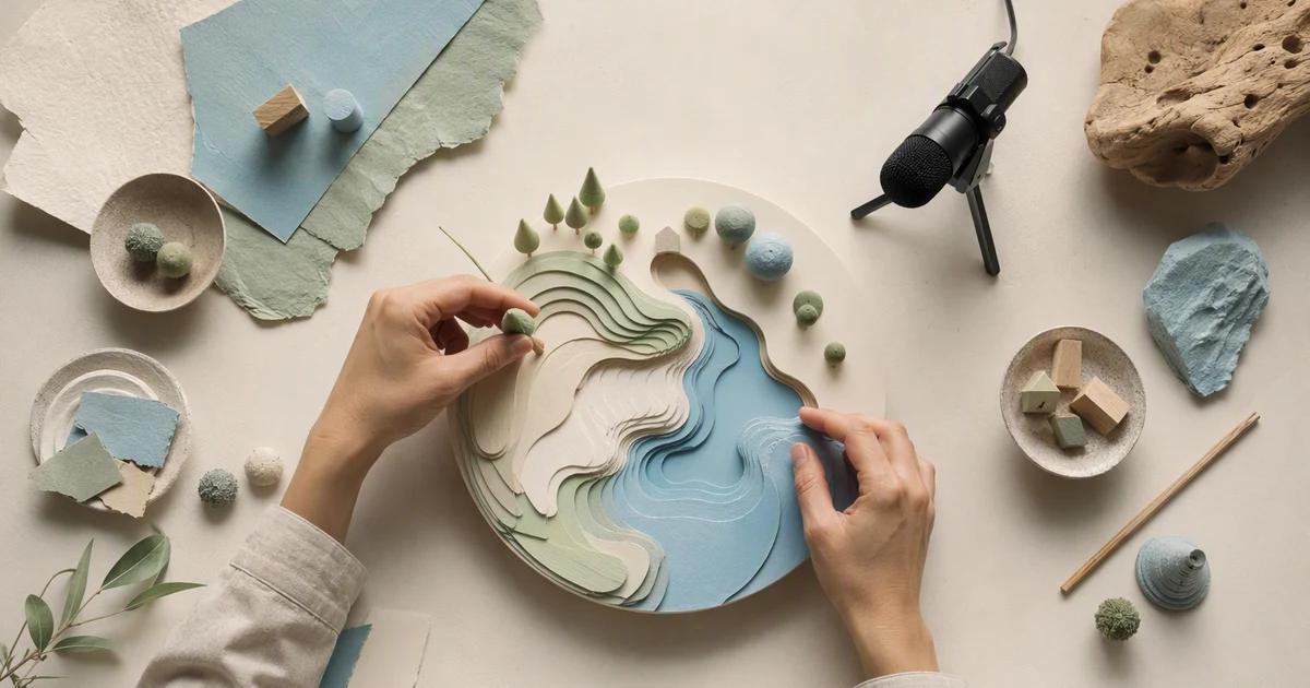 Hands arrange a layered paper landscape on a craft table beside a microphone.