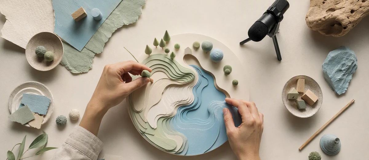 Hands arrange a layered paper landscape on a craft table beside a microphone.