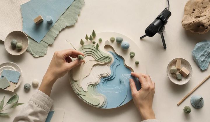 Hands arrange a layered paper landscape on a craft table beside a microphone.