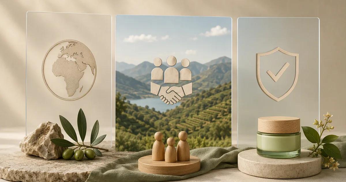 Three standing review panels with globe, partnership, and shield motifs beside a small product jar.