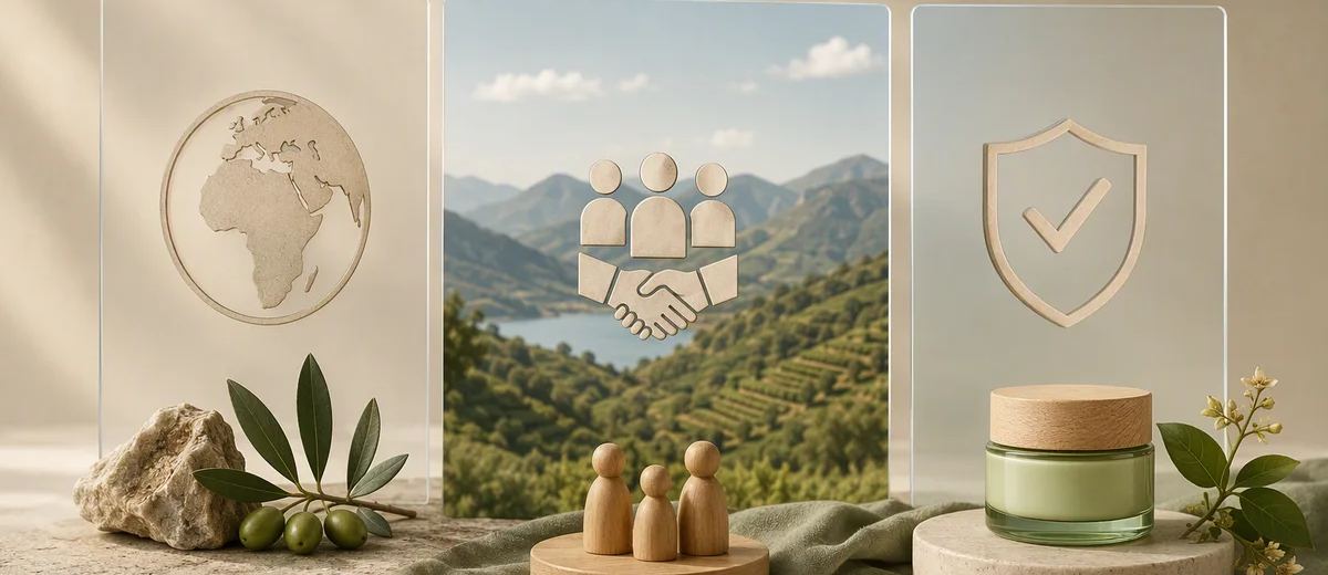 Three standing review panels with globe, partnership, and shield motifs beside a small product jar.