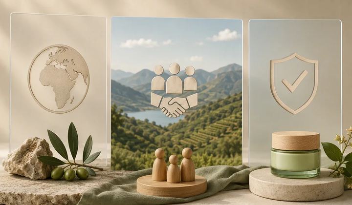Three standing review panels with globe, partnership, and shield motifs beside a small product jar.
