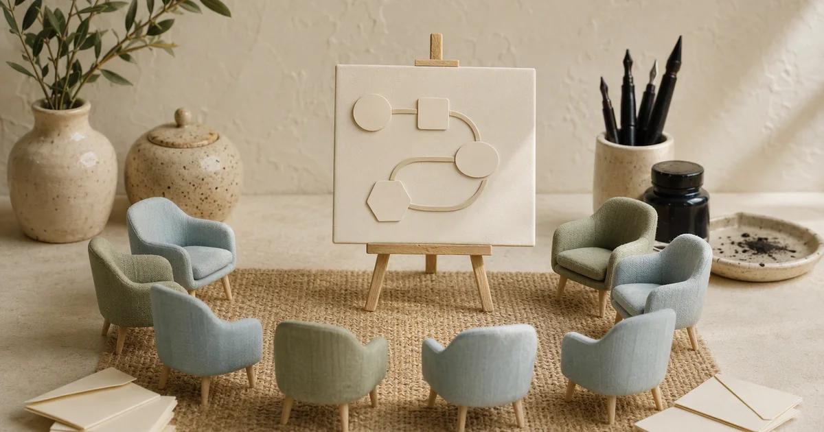 Miniature blue and green chairs face an easel holding a simple flow diagram.
