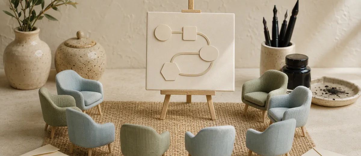 Miniature blue and green chairs face an easel holding a simple flow diagram.