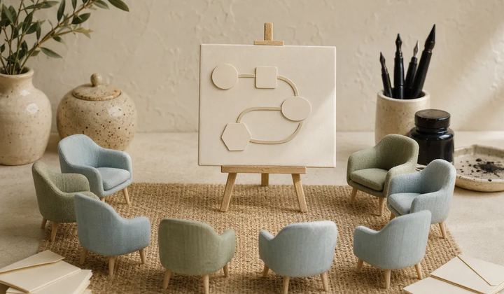 Miniature blue and green chairs face an easel holding a simple flow diagram.