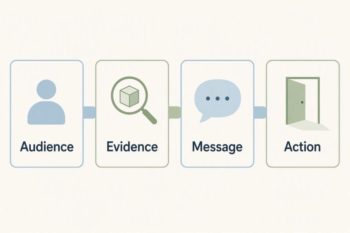 A campaign brief connecting an audience need to evidence, a message, and a next action