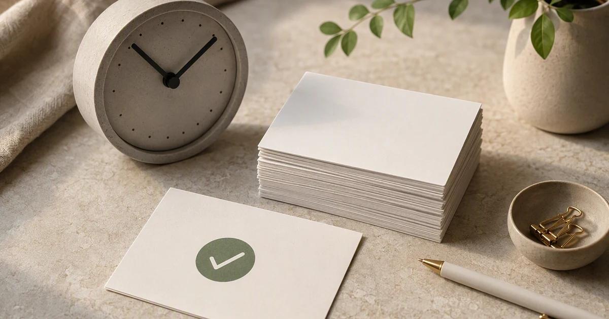 AI-generated conceptual cover: A tactile editorial still life of a simple clock, a neatly stacked set of blank social post cards and one checked approval card on a softly lit stone surface. Suggest preparation and scheduling without displaying a software interface.
