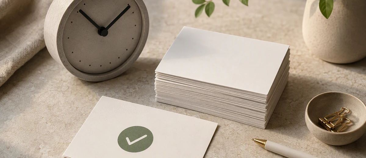 AI-generated conceptual cover: A tactile editorial still life of a simple clock, a neatly stacked set of blank social post cards and one checked approval card on a softly lit stone surface. Suggest preparation and scheduling without displaying a software interface.