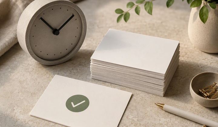 AI-generated conceptual cover: A tactile editorial still life of a simple clock, a neatly stacked set of blank social post cards and one checked approval card on a softly lit stone surface. Suggest preparation and scheduling without displaying a software interface.