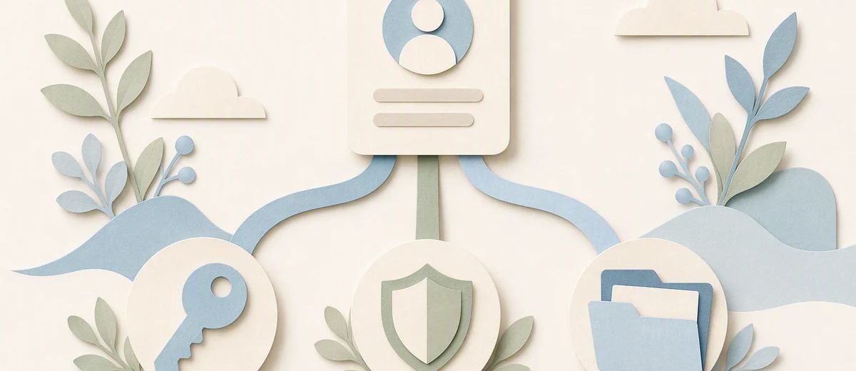 Three separate paper paths lead from an account card toward a key, a shield, and a review folder.