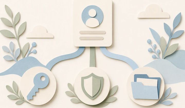Three separate paper paths lead from an account card toward a key, a shield, and a review folder.