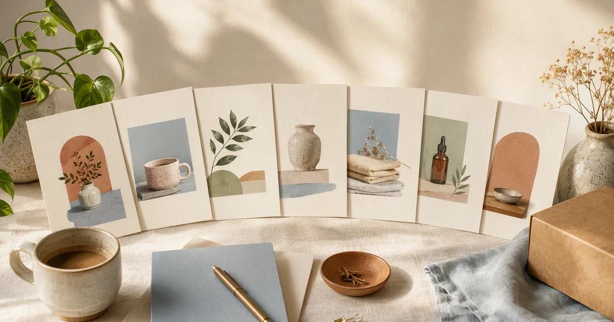 Paper content cards arranged beside a coffee cup, plant, and small product box.