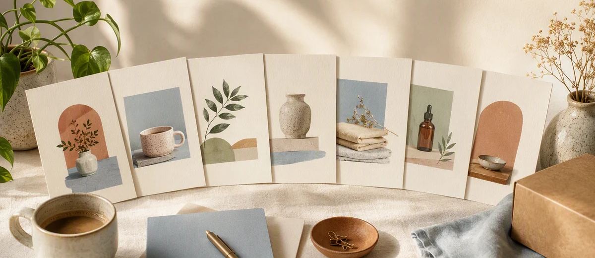 Paper content cards arranged beside a coffee cup, plant, and small product box.