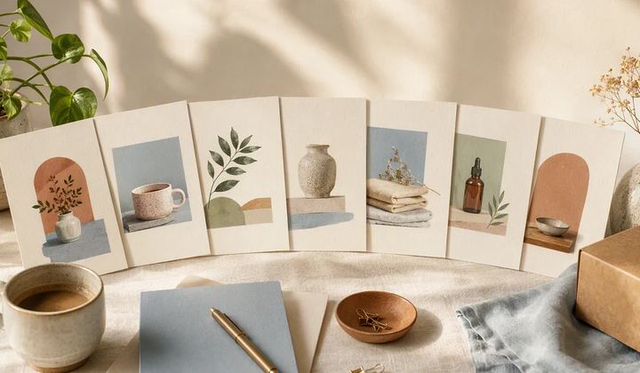 Paper content cards arranged beside a coffee cup, plant, and small product box.