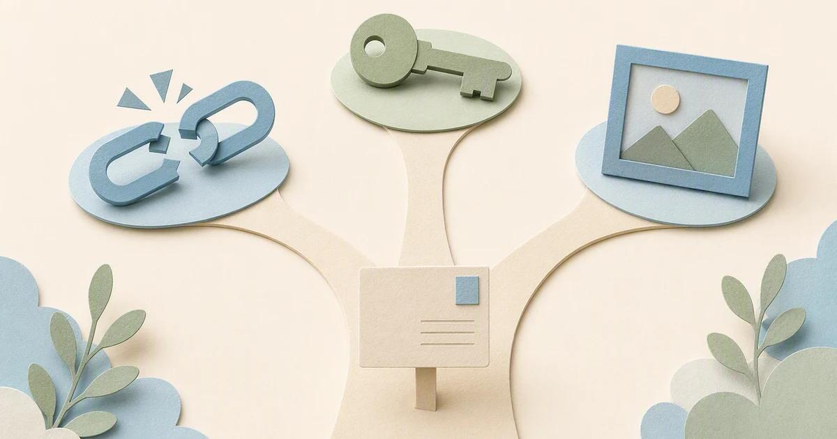 A publishing card pauses at a branching path with a connection symbol, a key, and a media frame.