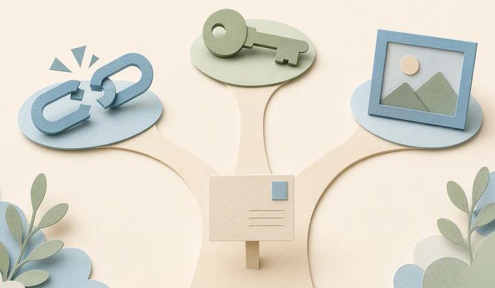 A publishing card pauses at a branching path with a connection symbol, a key, and a media frame.