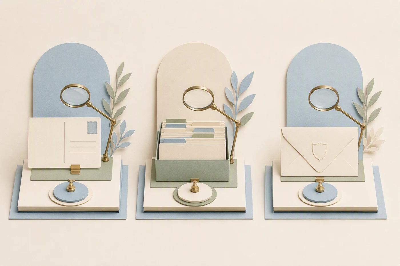 Three magnifying lenses inspect a postcard, a tray of indexed cards, and a shield-marked envelope.