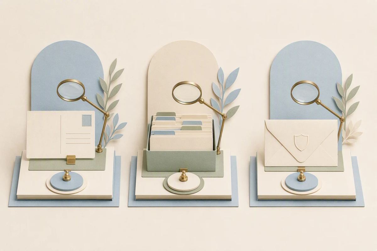 Three magnifying lenses inspect a postcard, a tray of indexed cards, and a shield-marked envelope.