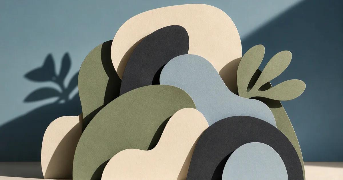 Overlapping ivory, charcoal and sage paper cutouts casting contrasting shadows.