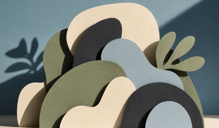 Overlapping ivory, charcoal and sage paper cutouts casting contrasting shadows.