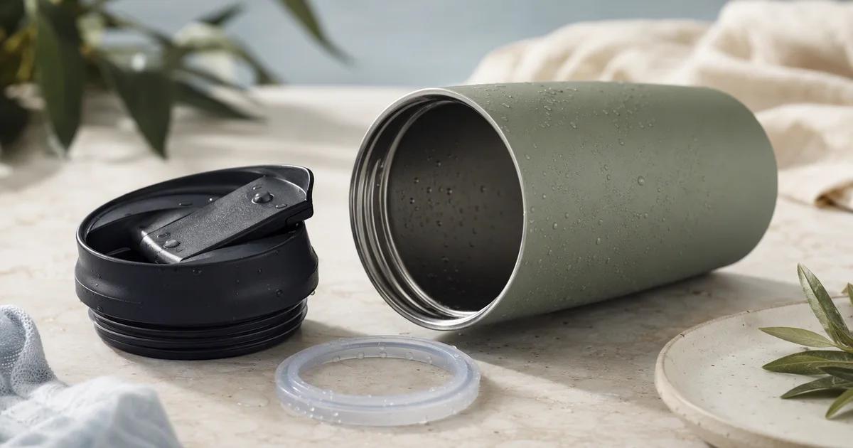 A travel mug separated into its body, lid and seal on a clean tabletop.