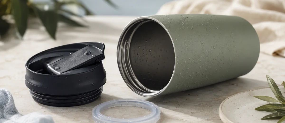 A travel mug separated into its body, lid and seal on a clean tabletop.