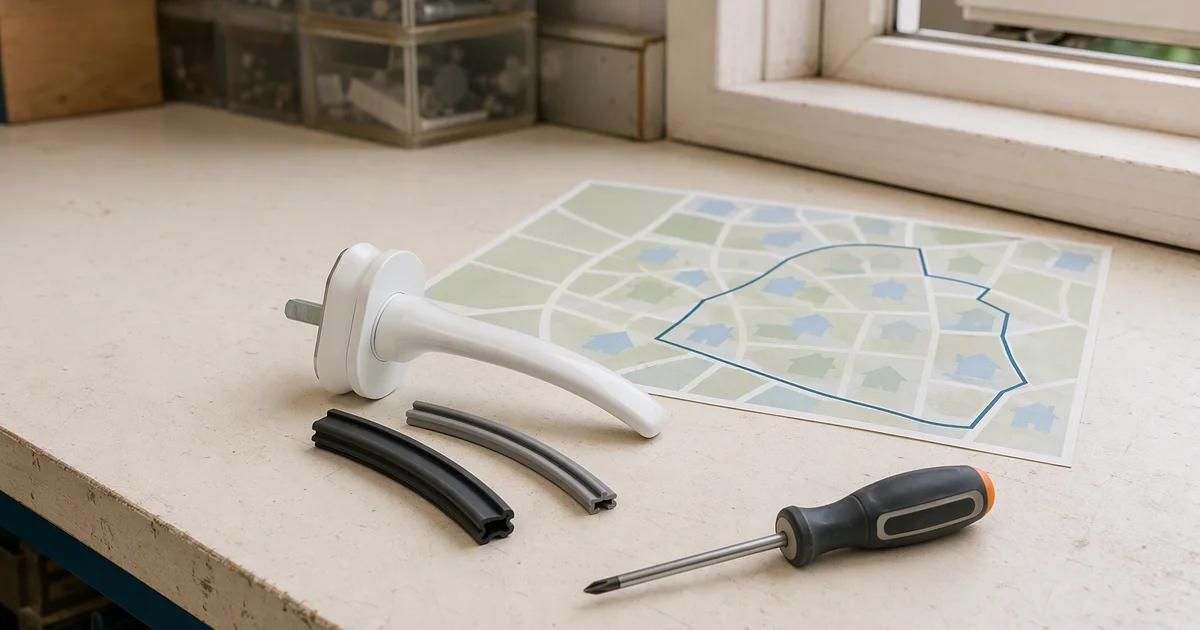A white window handle and seal samples sit beside a screwdriver and a simple neighborhood map.